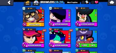 Boşqablar: Brawl Stars oyun hesabı - Kuboklar: 21,555 - Brawler sayı: 58/93 -