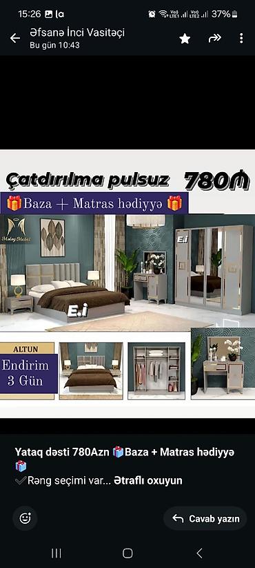 Спальные гарнитуры: *Yataq dəsti 780Azn💥 Baza + Matras hədiyyə🤩* ✔️Rəng seçimi var *Şəhər — 2