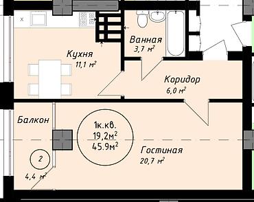 seven development: 1 комната, 46 м², Ошский рынок / базар Элитка, 4 этаж, ПСО (под самоотделку) — 4