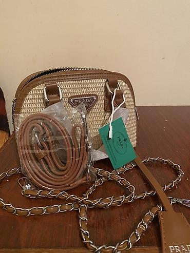 prada canta: Prada mini çiyin çantası – hasır toxuma görünümlü bej gövdə və qəhvəyi — 2