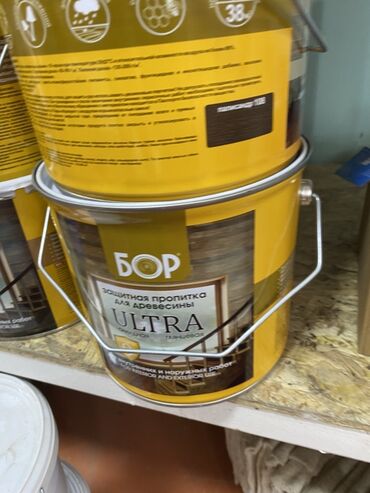 Краска: Защитная пропитка для древесины «Бор Ultra» в ведре желтого цвета at lalafo.kg Краска: Защитная пропитка для древесины «Бор Ultra» в ведре желтого цвета