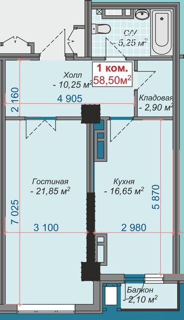 бишкек дома: 1 бөлмө, 59 кв. м, Элитка, 14 кабат, ПСО (өзү оңдоп түзөтүп бүтүү үчүн)