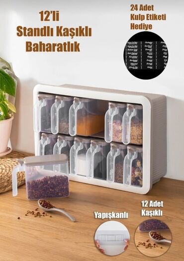 qaşıq çəngəl: 12-lik stendli, qaşıqlı ədviyyat qabı dəsti - 12 ədəd şəffaf