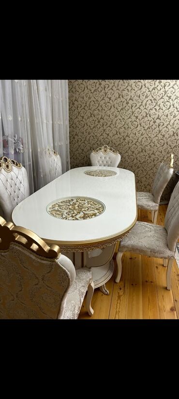 kafe üçün stol stul: Qonaq otağı üçün, İşlənmiş, Açılmayan, Oval masa, 6 stul, Azərbaycan