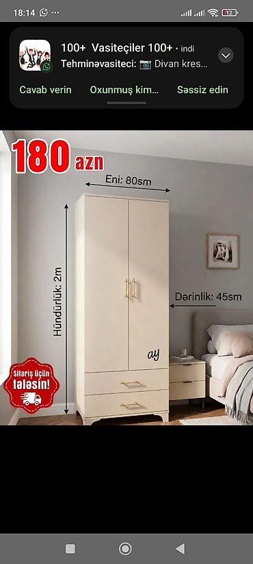 Dolablar: İki qapılı şkaf Ölçülər: - Hündürlük: 2 m - Eni: 80 sm - Dərinlik: 45 — 1