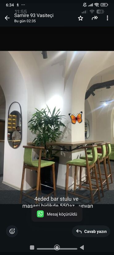 Restoran mebeli: 4eded bar stulu ve 
 masasi birlikde 550az. unvan Günəşli. SAMİRƏ