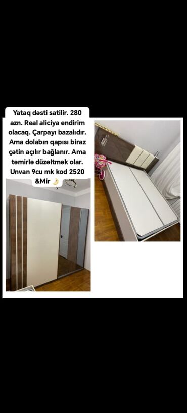 avanqart mebeller: Yataq dəsti satilir. 280 azn. Real aliciya endirim olacaq. Çarpayı