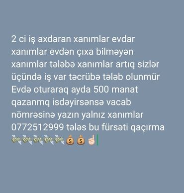 Avtobiznes, servis xidmətləri: Evdən işləmək istəyən qadınlar üçün yeni iş imkanı. Təcrübə tələb