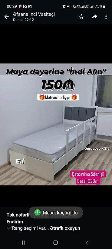 matras tək: *Tək nəfərlik Çarpayı - 150AZN💥* *Endirim* ✔️Rəng seçimi var Ölçü — 1
