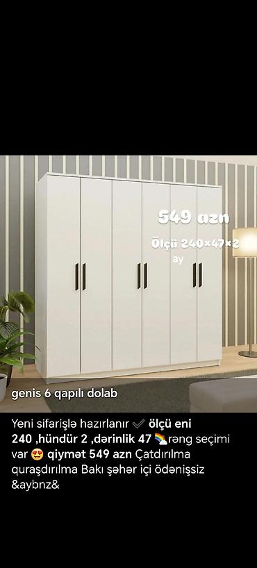 seyfi qapi: Daxili rəflər və asma yerləri olan, ağ rəngdə qarderob. Qarderobun — 10