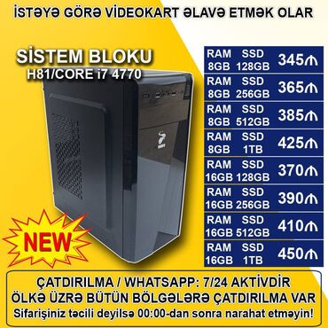 sistem buloku: Sistem Bloku "H81 DDR3/Core i7 4770/8-16GB Ram/SSD" Ofis üçün Sistem