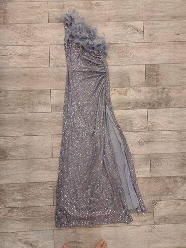 серое платье с: Вечернее платье, Русалка, Длинная модель, Без рукавов, Один рукав, S (EU 36)