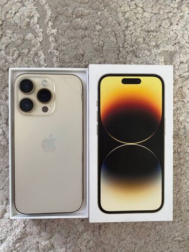 коробка: IPhone 14 Pro, Б/у, 128 ГБ, Золотой, Защитное стекло, Чехол, Кабель, 82 %