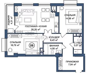 2 8: 3 комнаты, 81 м², Ак-Кеме Элитка, 14 этаж, ПСО (под самоотделку) — 1
