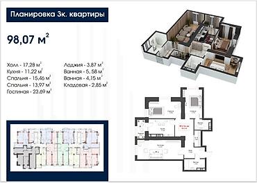 жк дубай: 3 комнаты, 100 м², Асанбай мкр Элитка, 3 этаж, ПСО (под самоотделку) — 6