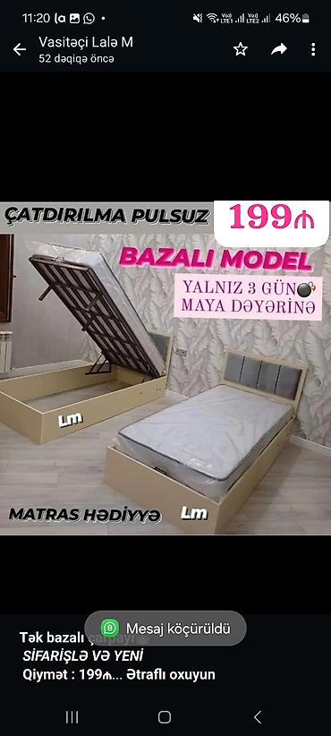 matras yeni: *Tək bazalı çarpayı*👑 _*SİFARİŞLƏ VƏ YENİ*_ *Qiymət : 199₼* Ölçü  — 2