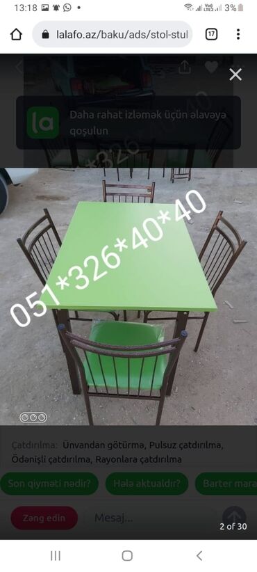 Masa və oturacaq dəstləri: Mətbəx üçün, Yeni, Açılan, Dördbucaq masa, 4 stul — 19