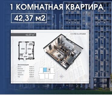 Продажа квартир: 1 комната, 42 м², Элитка, 11 этаж, ПСО (под самоотделку)