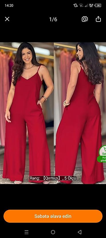 kambinzonlar: Qadın tulumu – qırmızı rəng - Model: Nazik iplikli, V-yaxa, geniş — 1