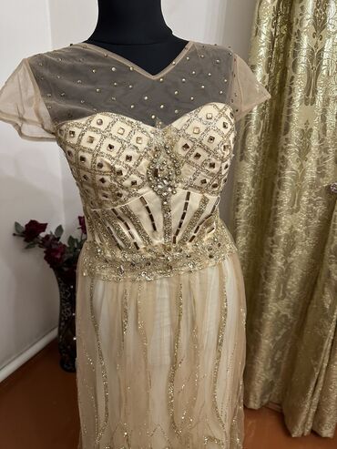 вечернее платье золото: Вечернее платье, Классическое, Длинная модель, Шифон, С рукавами, Камни, S (EU 36)