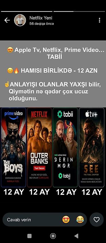 whatsapp iş qrupları 2026: Xidmət: Apple TV+, Netflix, Prime Video və Tabii platformalarına birgə — 1