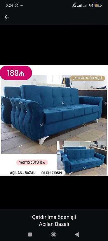210: Açılan-bazalı divan, ölçü 210 sm. Mavi rəngli, yumşaq parça üzlü — 1