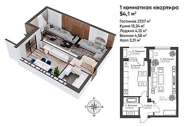 platinum residence: 1 комната, 54 м², Кок-Жар мкр 10 этаж, ПСО (под самоотделку) — 2