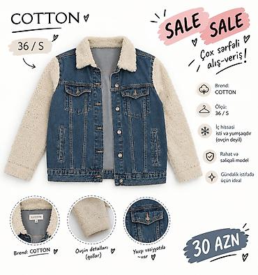 COTTON cins gödəkçə 🤍💙 Ölçü: 36 / S Rahat və səliqəli modeldir
