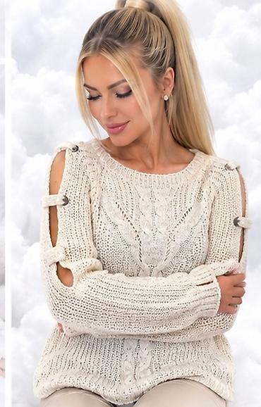 boho ogrlice: Ženski pleteni džemper, krem/bež boje. - Dizajn: klasičan okrugli — 5
