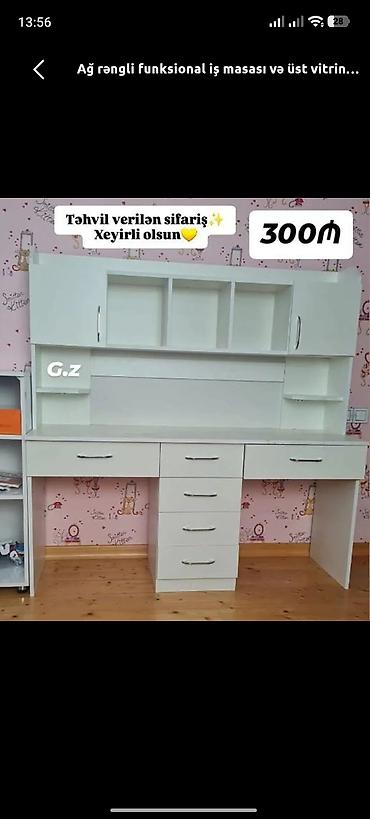 ofis mebel: Ağ rəngli funksional iş masası və üst vitrin - Geniş iş səthi ilə iki — 1