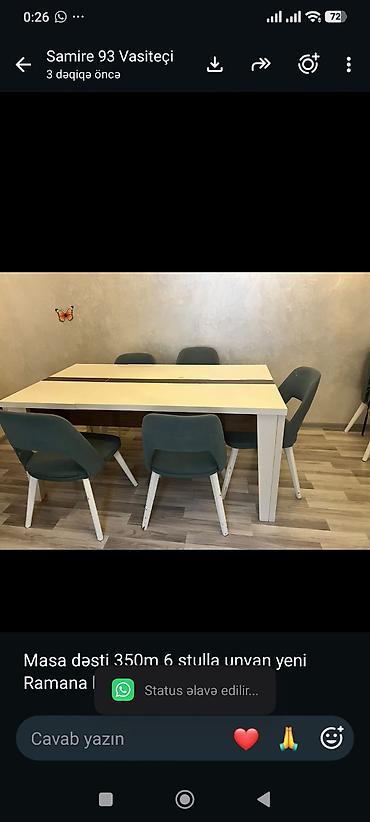 Masa dəsti 350m 6 stulla unvan yeni Ramana kod1783. SAMİRƏ