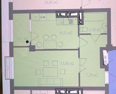 арзан квартира ош базар: 1 бөлмө, 42 кв. м, Элитка, 10 кабат, ПСО (өзү оңдоп түзөтүп бүтүү үчүн)