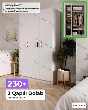 Mebel: 3 qapılı geyim dolabı – 47×200×120 sm - Ölçülər: Dərinlik 47 sm × — 1