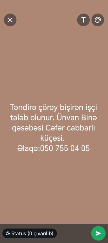 Aşpazlar: Aşpaz tələb olunur, Təndirçi, İstənilən yaş, Təcrübəsiz