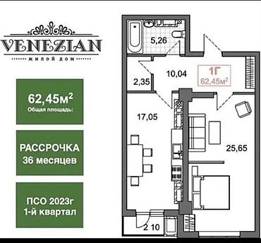 планировочный: 1 комната, 62 м², Асанбай мкр Элитка, 10 этаж, ПСО (под самоотделку) — 2