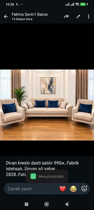 Divan kreslo dəsti satılır 990₼. Fabrik istehsalı. Ünvan ağ şəhər lalafo.az -da Divan kreslo dəsti satılır 990₼. Fabrik istehsalı. Ünvan ağ şəhər