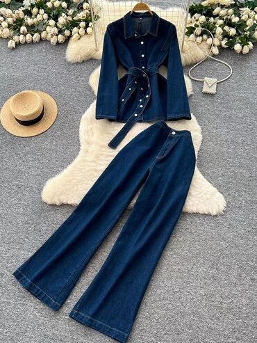 женские джинсовые шорты с завышенной талией: Женский джинсовый комплект из двух предметов. - Верх: джинсовая