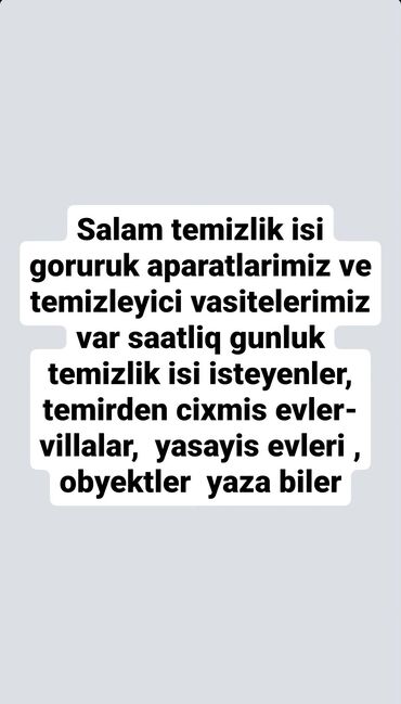 Təmizlik: Təmizlik | Həyətlər, Ofislər, Mənzillər | Ümumi təmizlik, Təmirdən sonra təmizlik, Çılçıraqların yuyulması və təmizlənməsi