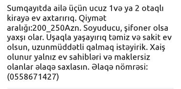 ehmedlide kiraye evler 200 azn 2022: Sumqayıtda ailə üçün ucuz 1və ya 2 otaqlı kirayə ev axtarırıq. Qiymət