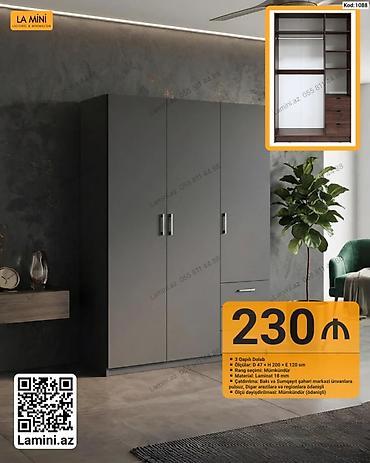 Dolablar: Məhsul: 3 qapılı dolab (Kod: 1088) Xüsusiyyətlər: - Ölçü: D 47 × H — 1