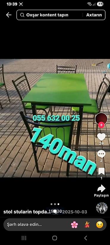 balka: Mətbəx üçün, Yeni, Açılmayan, Dördbucaq masa, 4 stul — 4