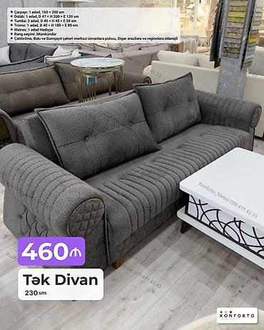 Divanlar: Tək divan – 230 sm - Rəng: tünd boz parça, dekorativ tikişli dizayn - — 1