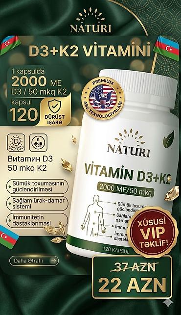 qizil qolbaglar: Naturi Vitamin D3+K2 – 2000 ME D3 / 50 mkq K2, 120 kapsul — 1