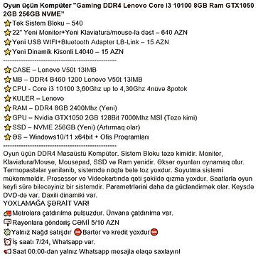 Masaüstü kompüterlər və iş stansiyaları: Oyun üçün Kompüter "Gaming DDR4 Lenovo Core i3 10100 8GB Ram GTX1050 — 4