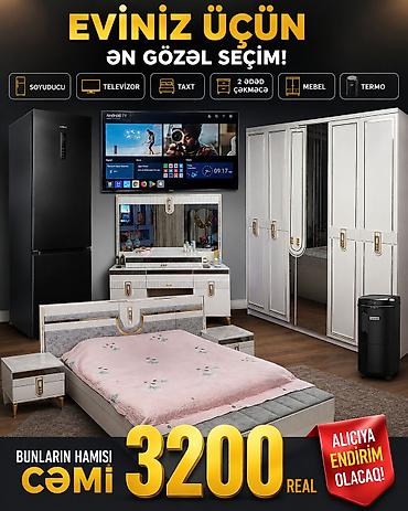 Yataq otağı üçün tam mebel və texnika dəsti. Dəstə şəkildə göstərilən