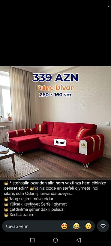 Künc divan – 260 × 160 sm • Qiymət: 339 AZN (şəkildə göstərildiyi