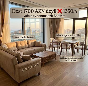 qədimi oturacaqlar: Qonaq otağı dəsti – yumşaq künc divan, açılan-bazalı; taxta jurnal — 1