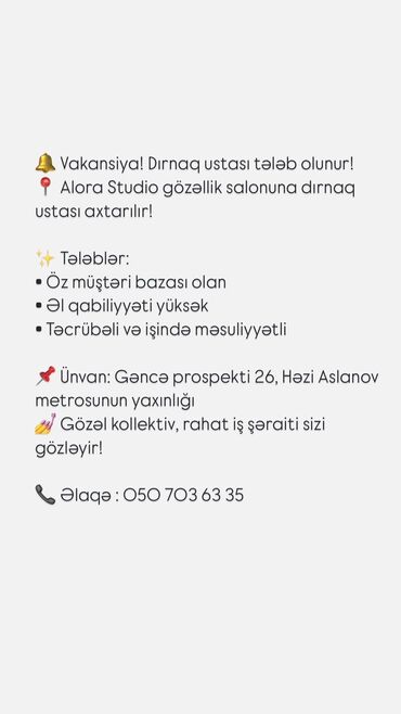 Dırnaq ustaları: Dırnaq ustası tələb olunur, Fiks edilmiş ödəniş, 3-5 illik təcrübə