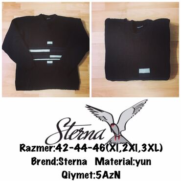 Kişi Geyimləri: Razmer:42-44-46(Xl,2XL,3XL)
Brend:Sterna
Material:yun
Qiymet:5AzN