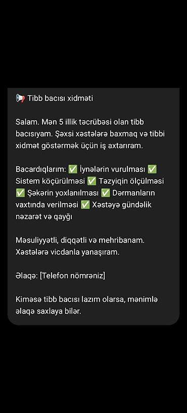 медсестра на вызов: Tibb bacısı xidməti 5 illik təcrübəyə malik peşəkar tibb bacısı — 1